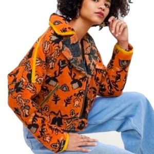 Free People Orange Black Mosaic Tapestry Motorcycle Jacket Coat Large EUC